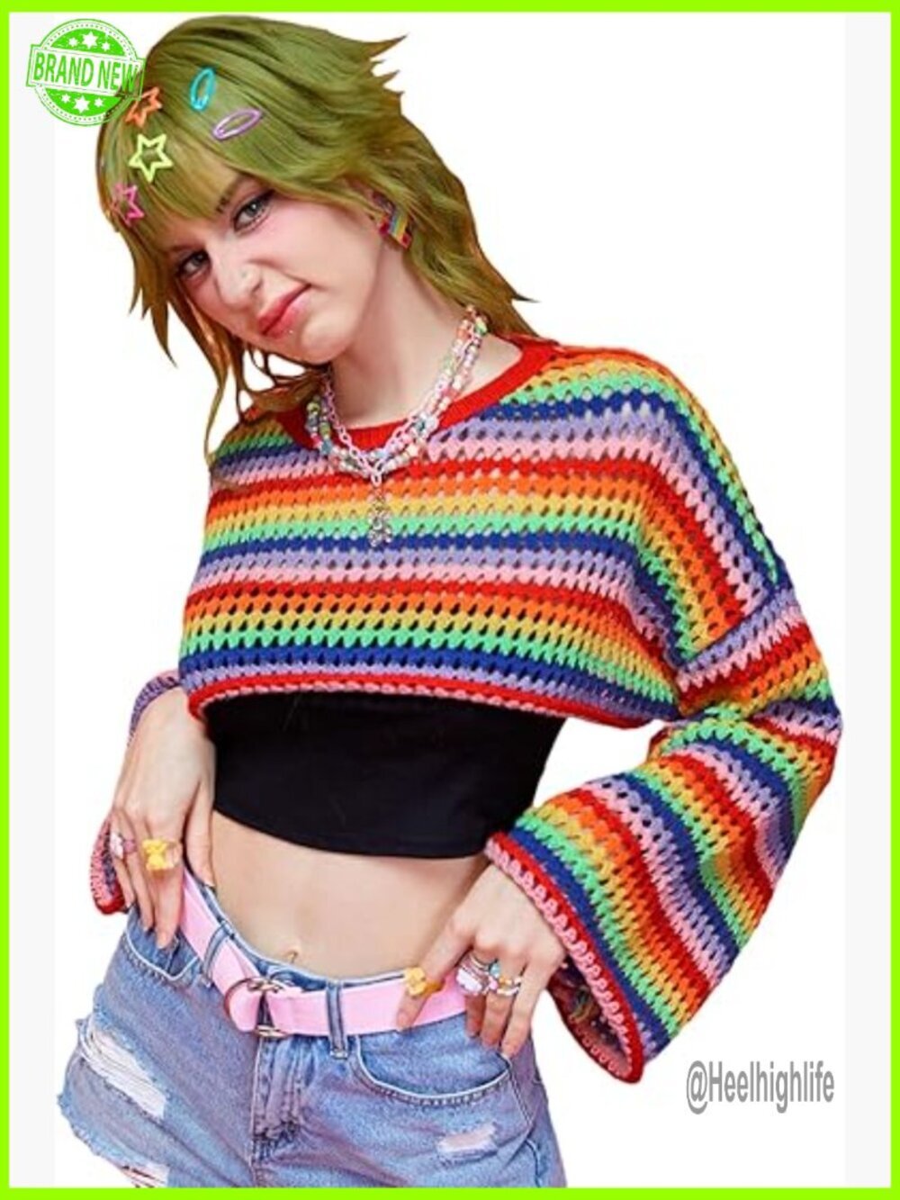 Long Sleeve Crochet Crop Top Pullover Sweater Stretch Knit Streetwear